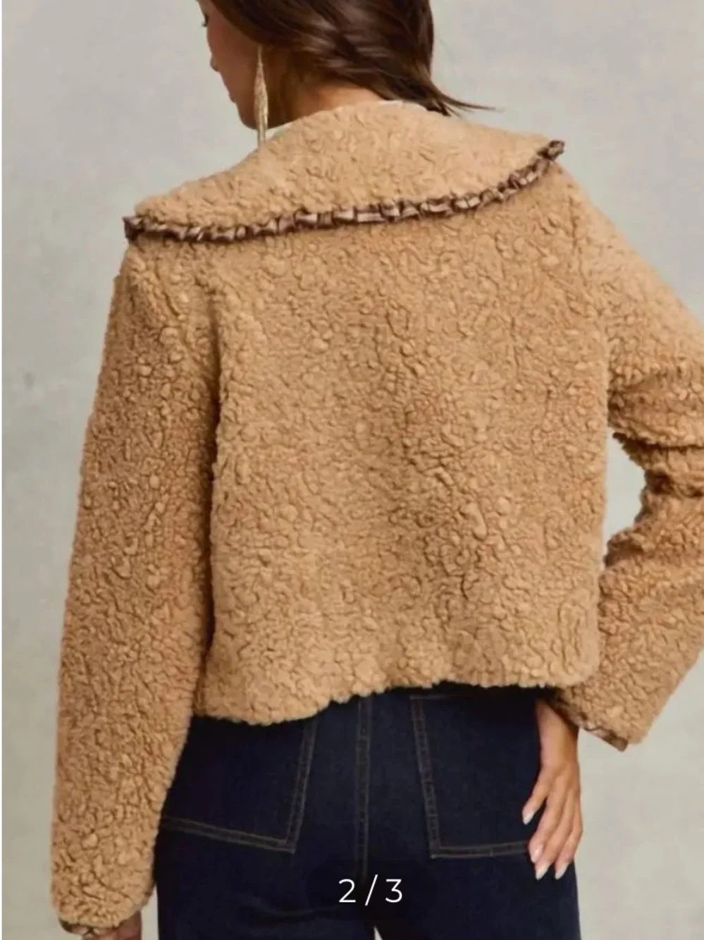 So Me Camel Tan Sherpa Ruffled Collar Jacket with Plaid Trim